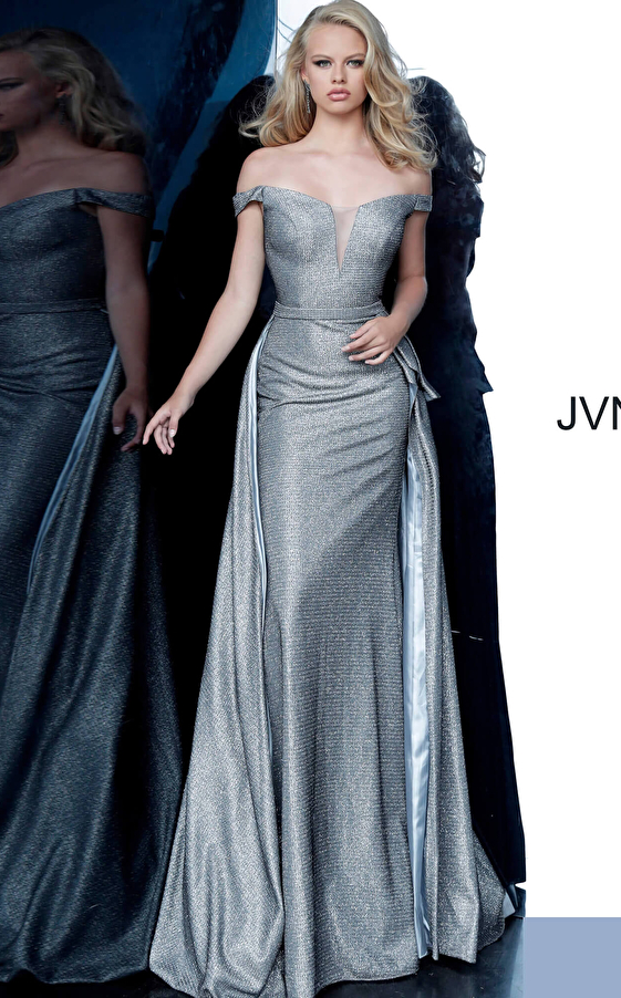 JVN2560 Grey Off the Shoulder V Neck Prom Dress 